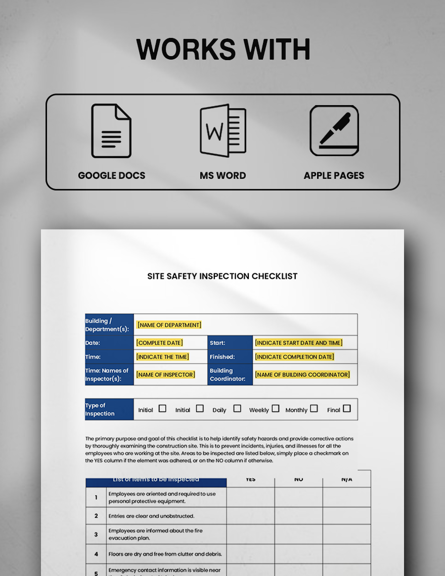 Site Safety Inspection Checklist Template Google Docs Word Apple Site Safety Inspection Checklist Template Google Docs Word Apple