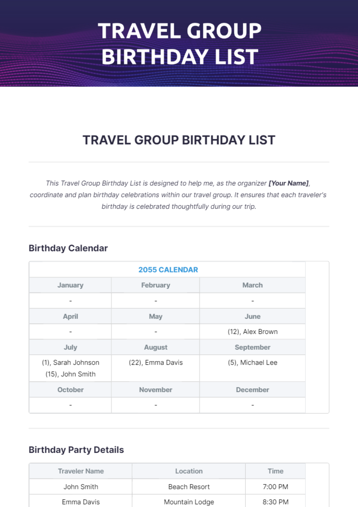 Travel Group Birthday List Template