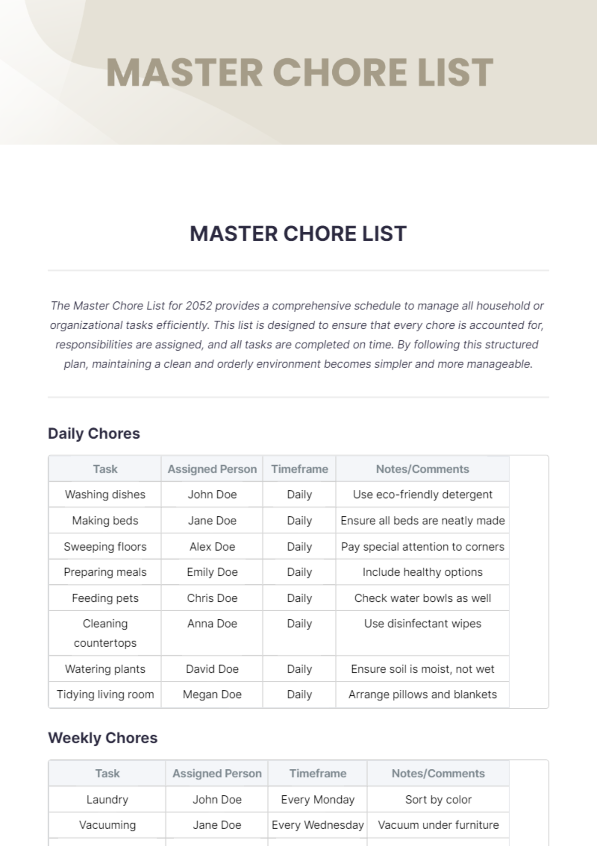 Master Chore List Template