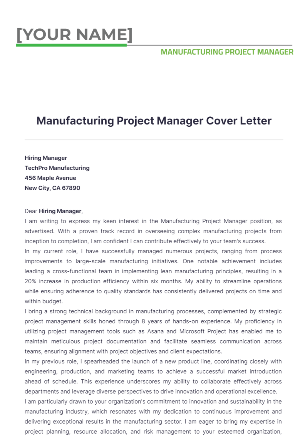 Manufacturing Project Manager Cover Letter