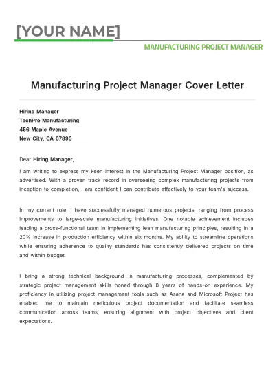 Free Manufacturing Project Manager Cover Letter to Edit Online