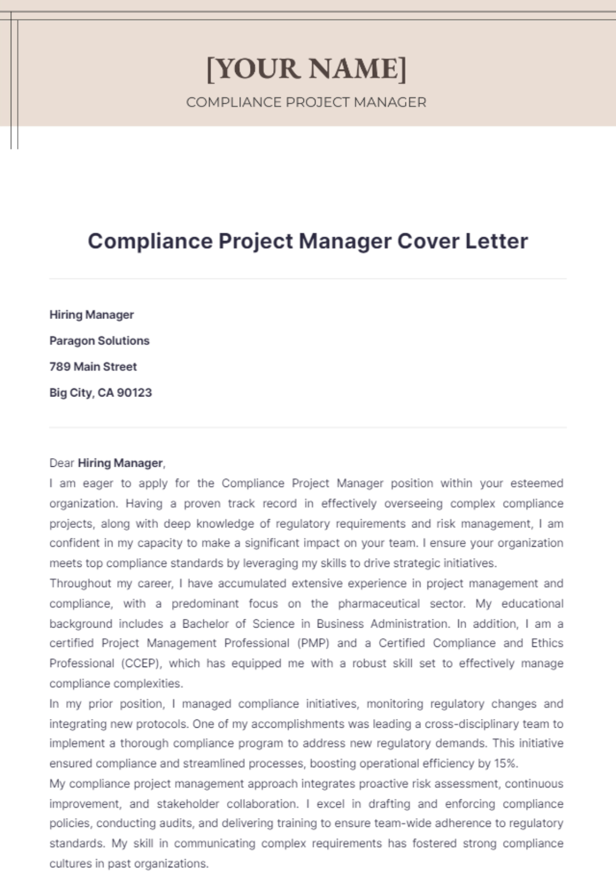 Compliance Project Manager Cover Letter