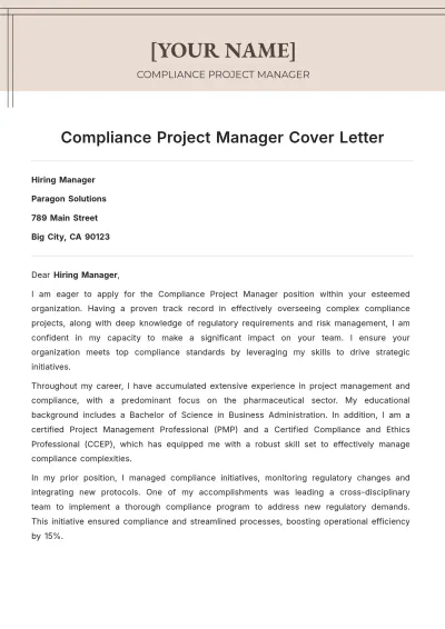 Free Compliance Project Manager Cover Letter to Edit Online