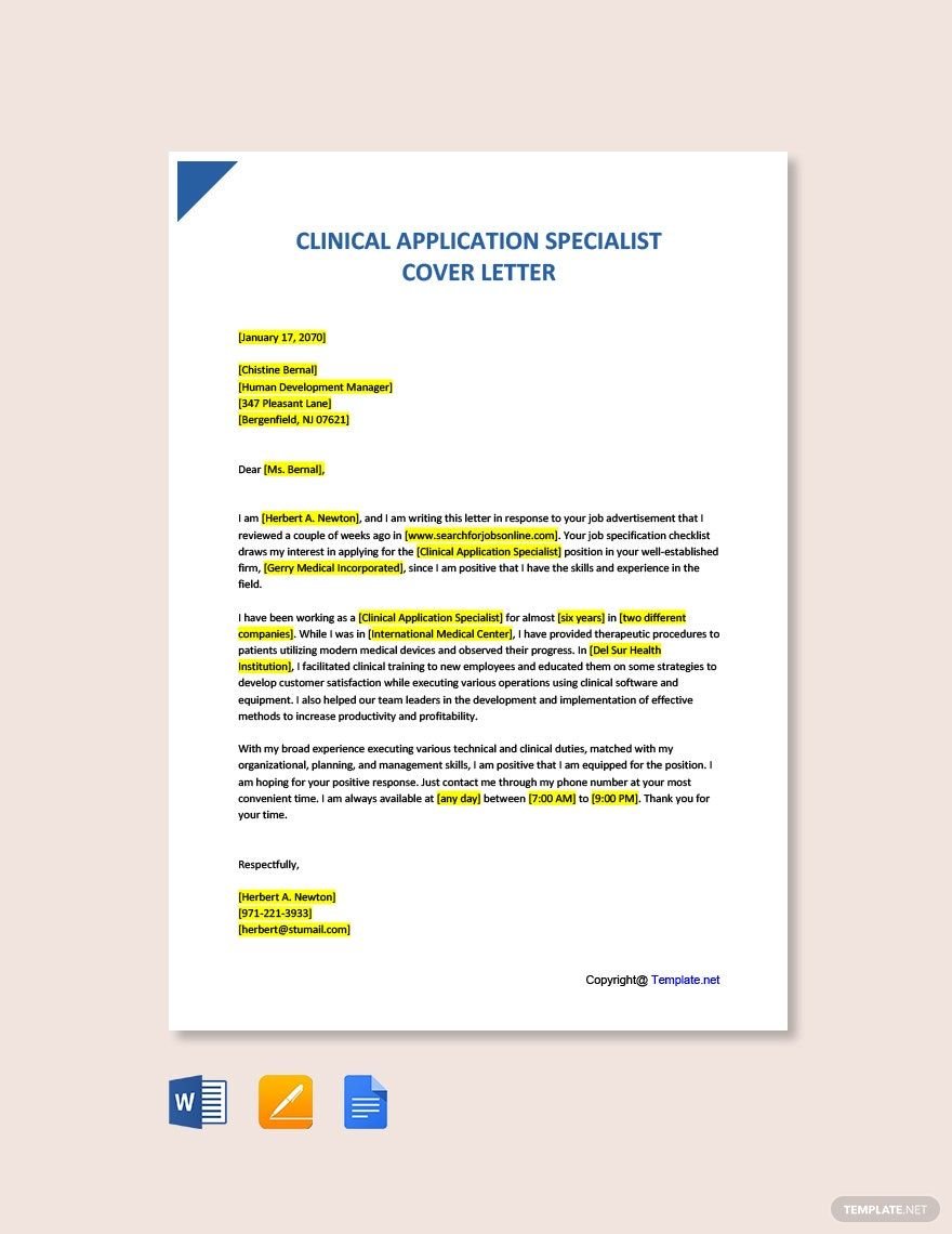 Clinical Application Specialist Cover Letter Template