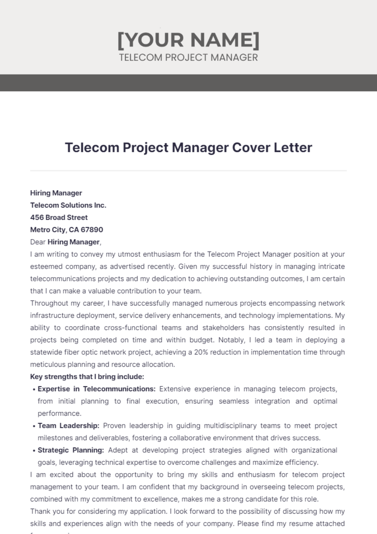 Telecom Project Manager Cover Letter