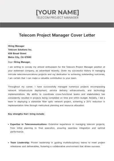 Free Telecom Project Manager Cover Letter to Edit Online