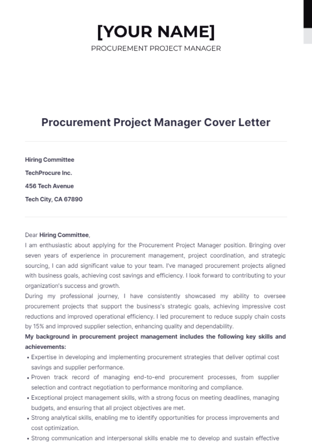 Procurement Project Manager Cover Letter