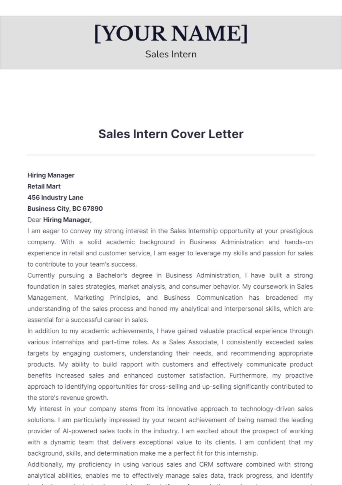 Sales Intern Cover Letter - Edit Online & Download