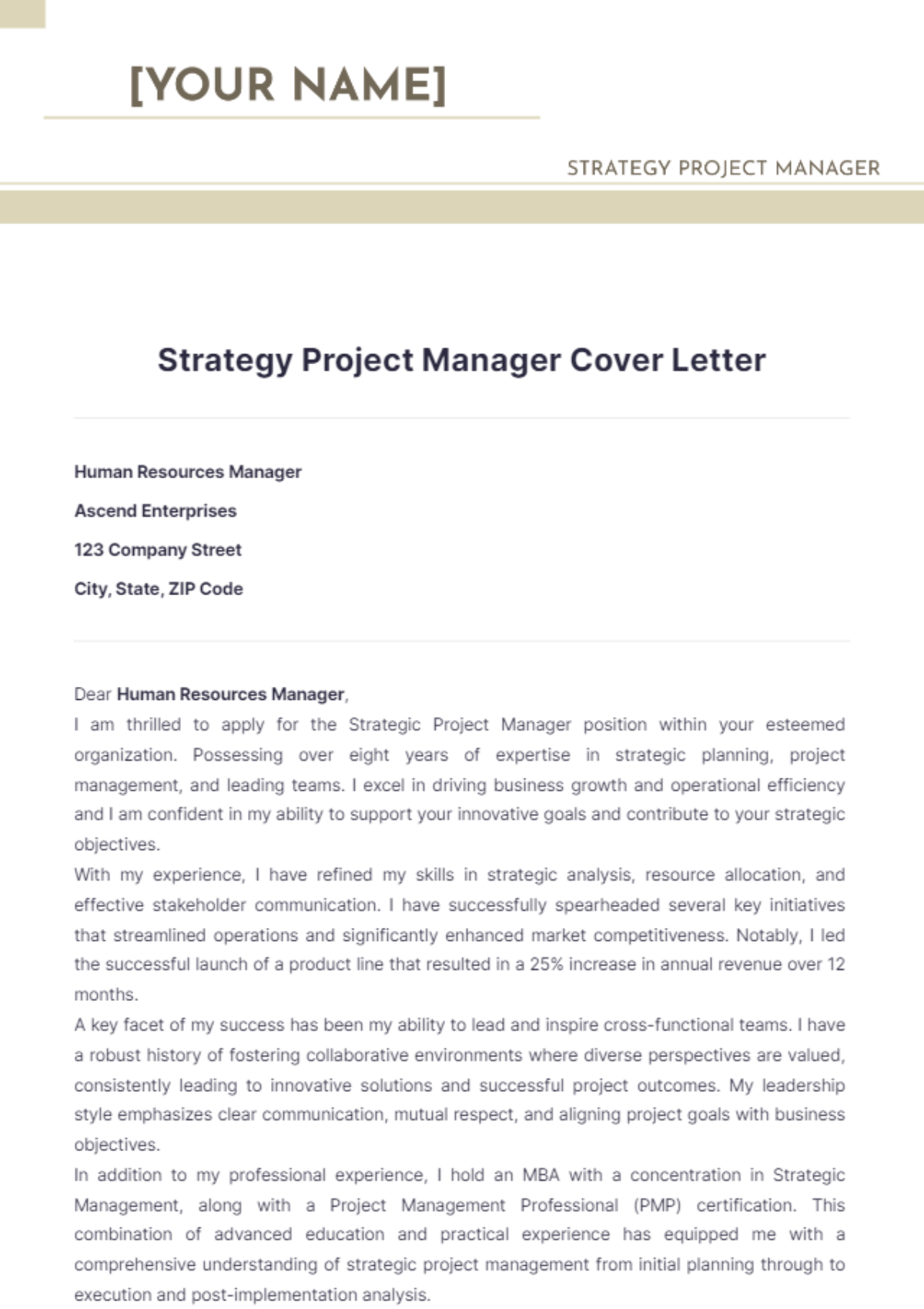 Strategy Project Manager Cover Letter - Edit Online & Download