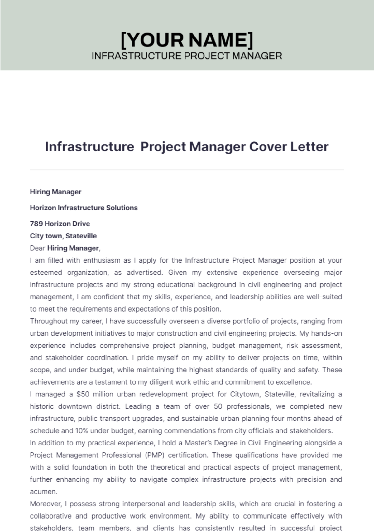 Infrastructure Project Manager Cover Letter