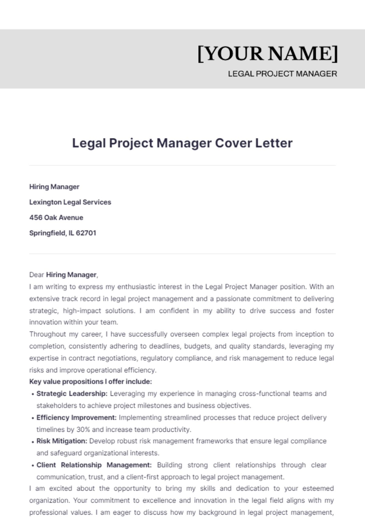 Legal Project Manager Cover Letter