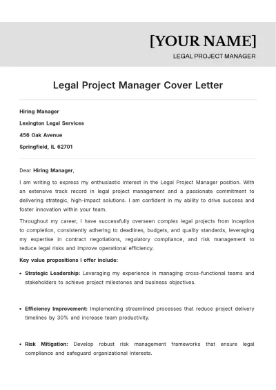 Free Legal Project Manager Cover Letter to Edit Online
