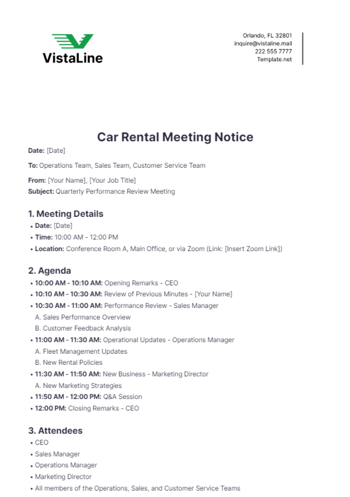 Car Rental Meeting Notice Template