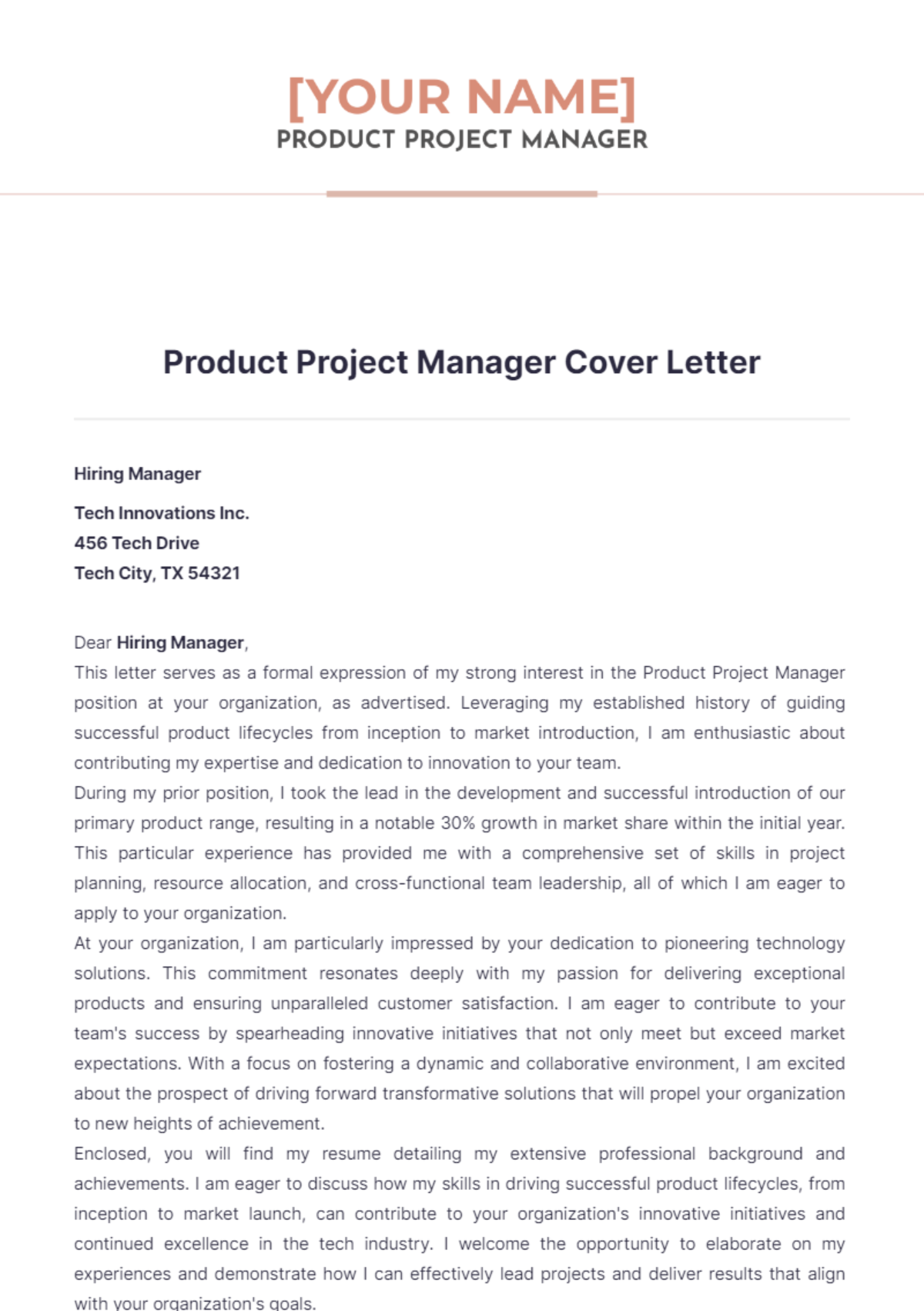 Product Project Manager Cover Letter