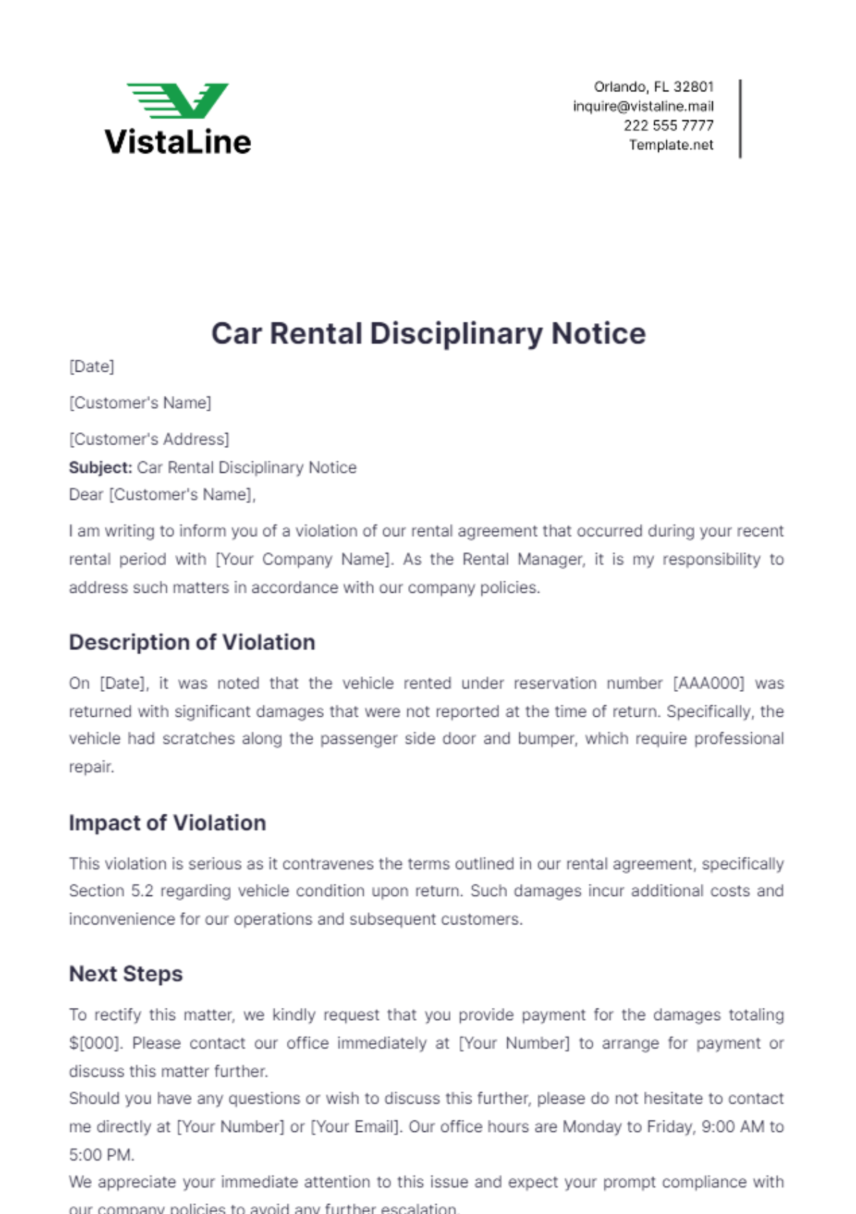 Car Rental Disciplinary Notice Template