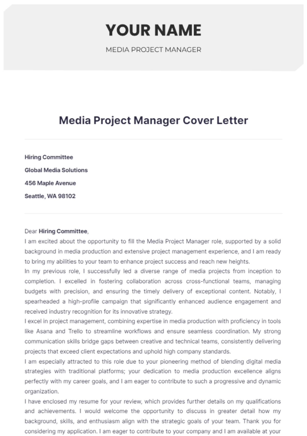 Media Project Manager Cover Letter - Edit Online & Download