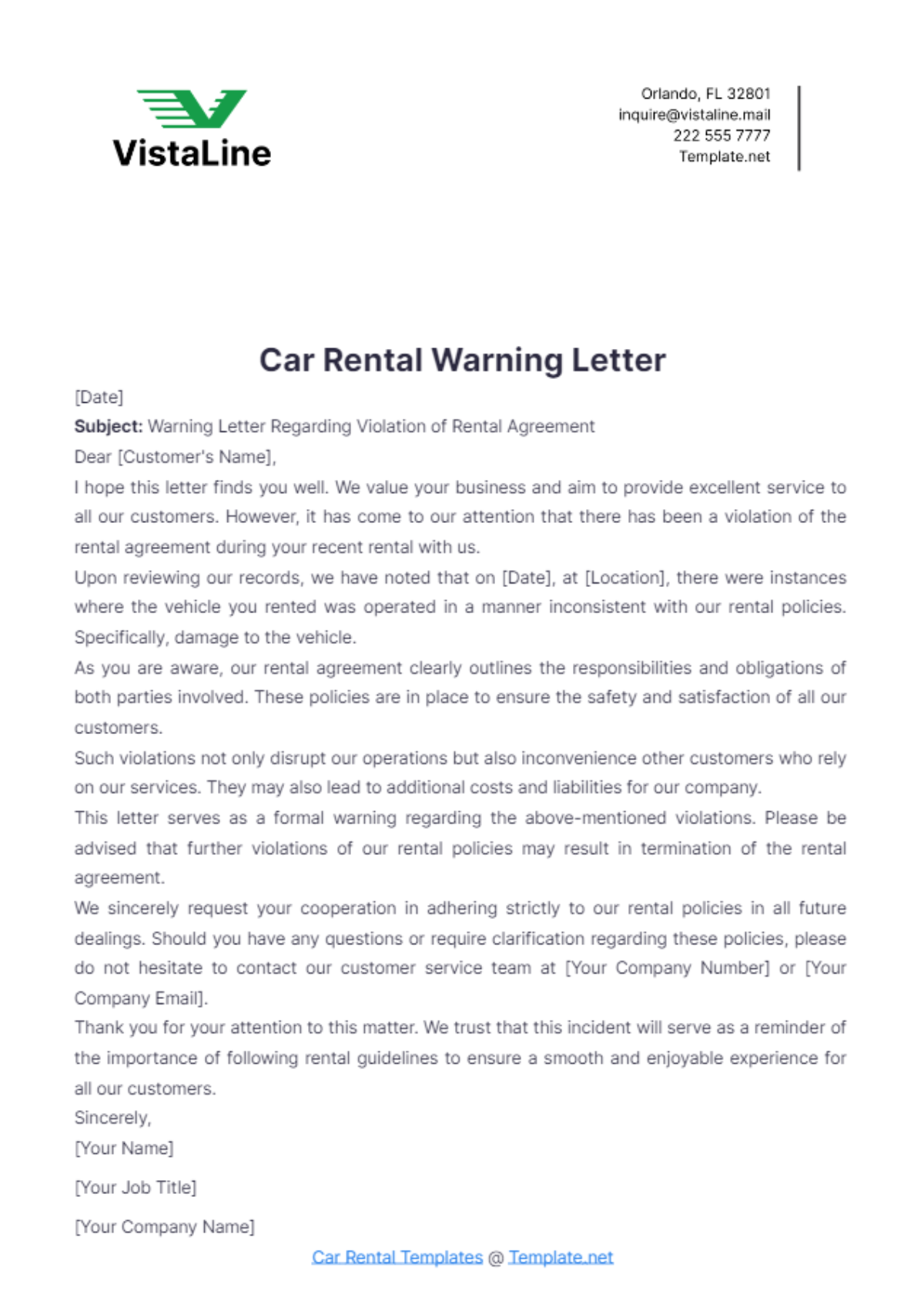 Car Rental Warning Letter Template