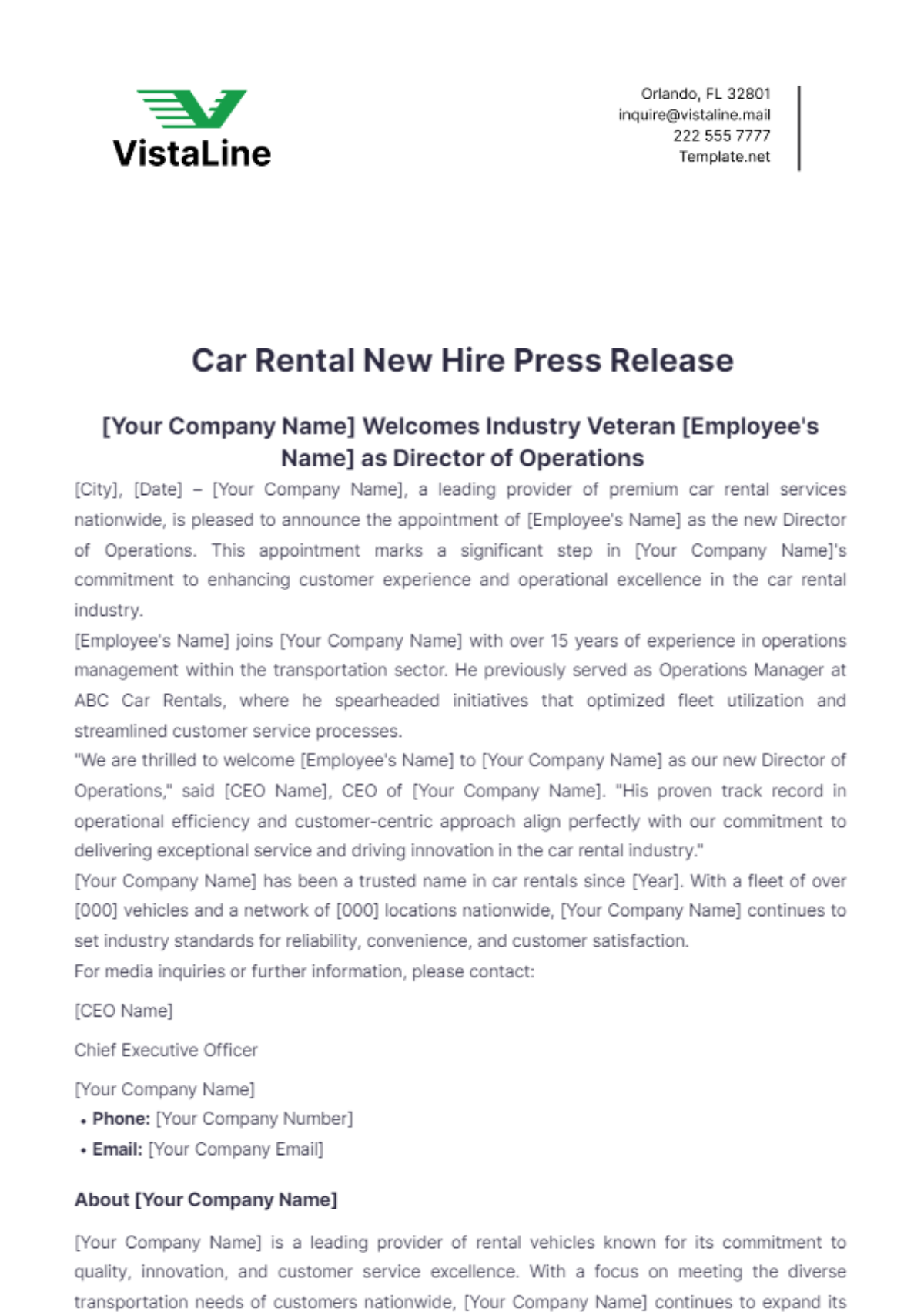 Car Rental New Hire Press Release Template - Edit Online & Download