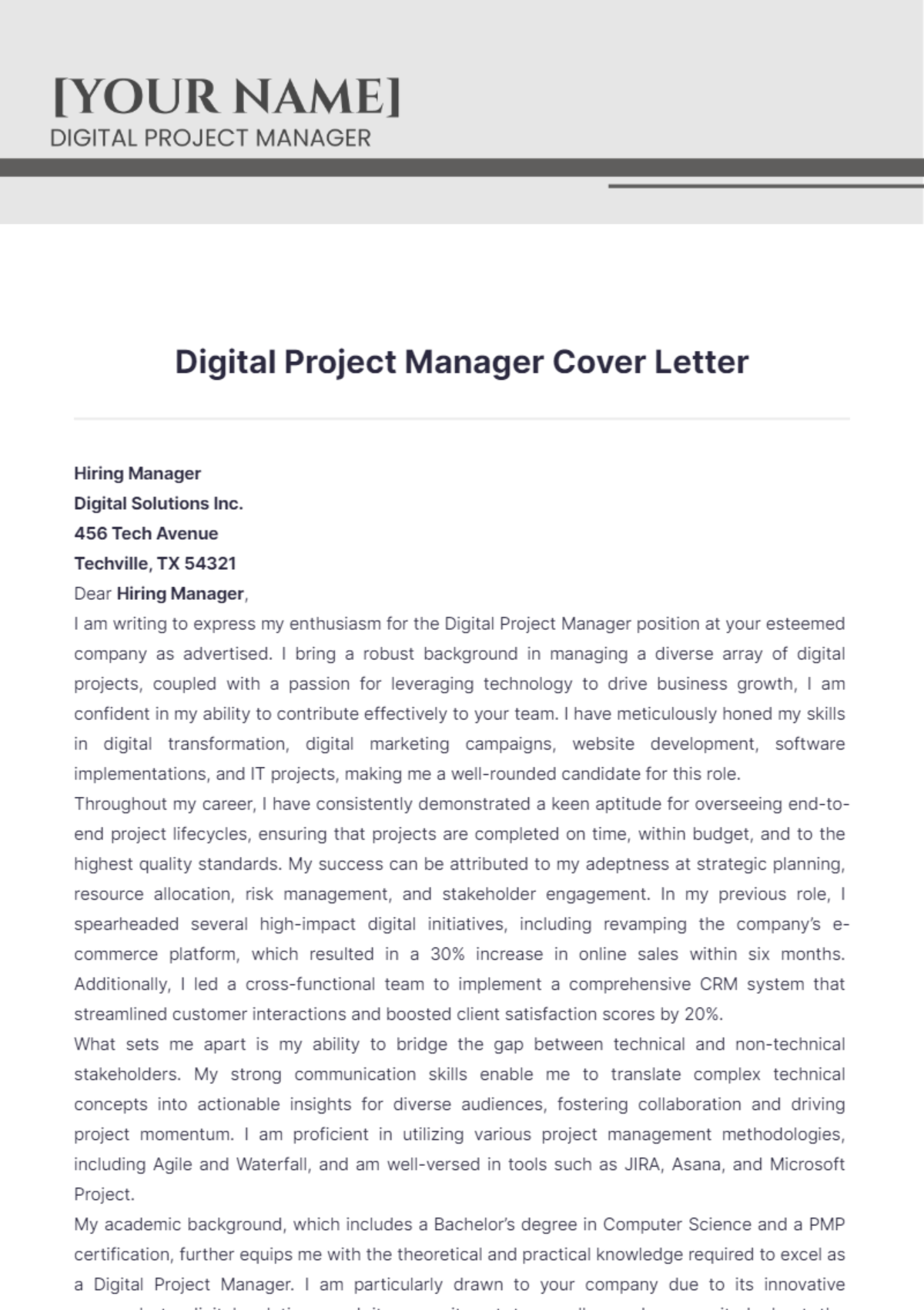 Digital Project Manager Cover Letter - Edit Online & Download