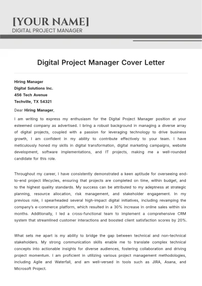 Free Digital Project Manager Cover Letter to Edit Online