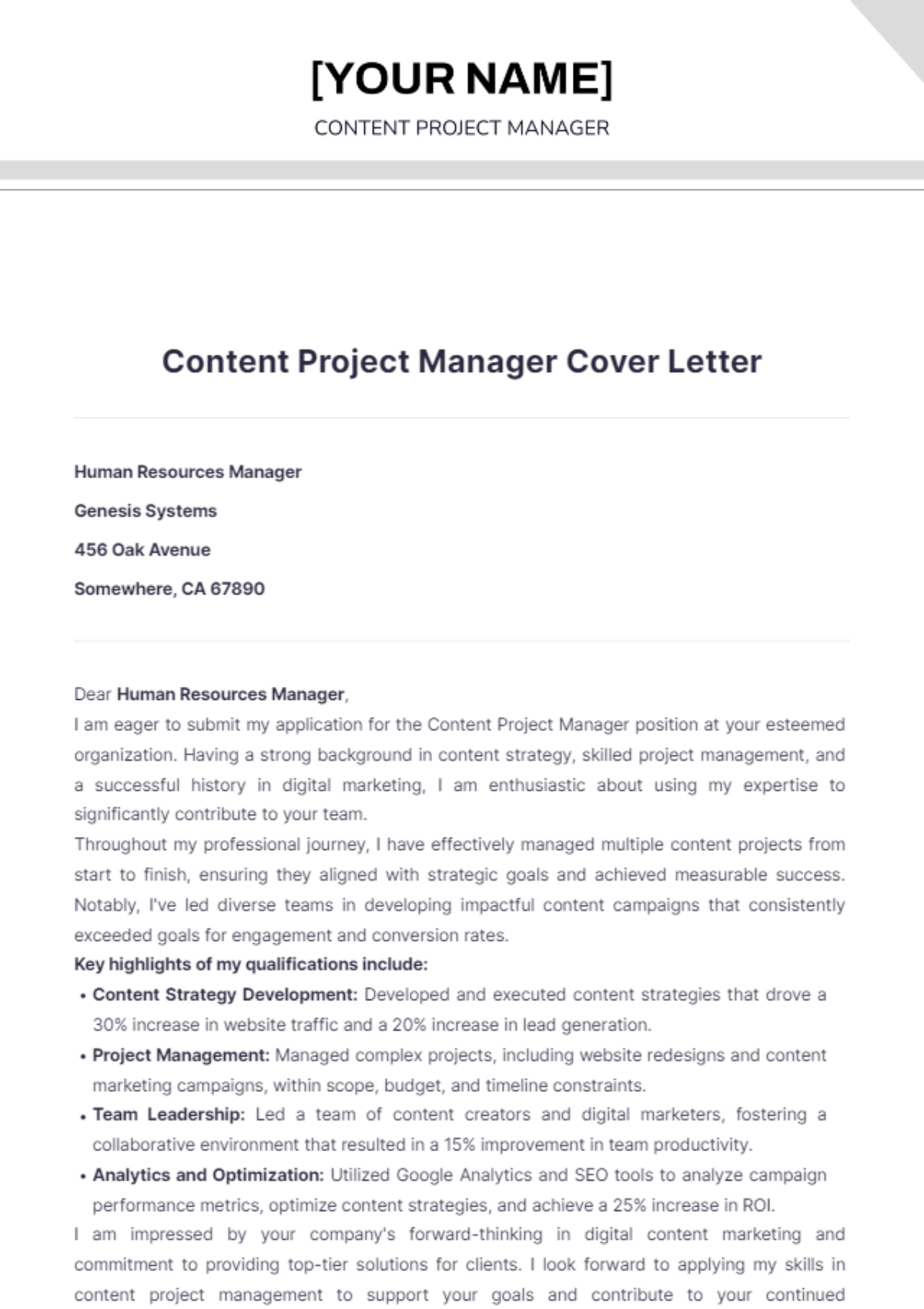 Content Project Manager Cover Letter - Edit Online & Download