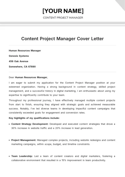 Free Content Project Manager Cover Letter to Edit Online