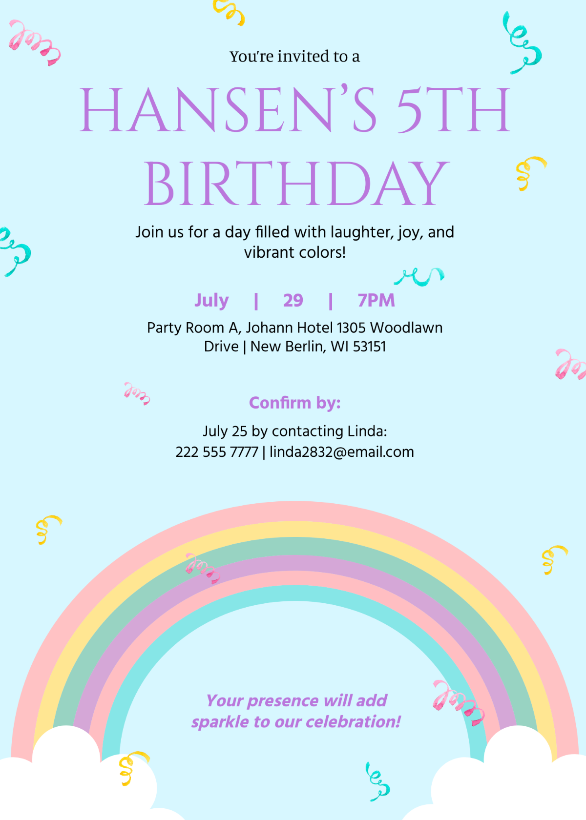 Rainbow Confetti Birthday Invitation