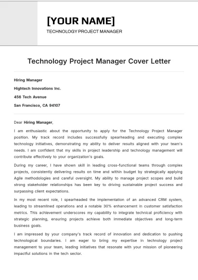 Free Technology Project Manager Cover Letter to Edit Online
