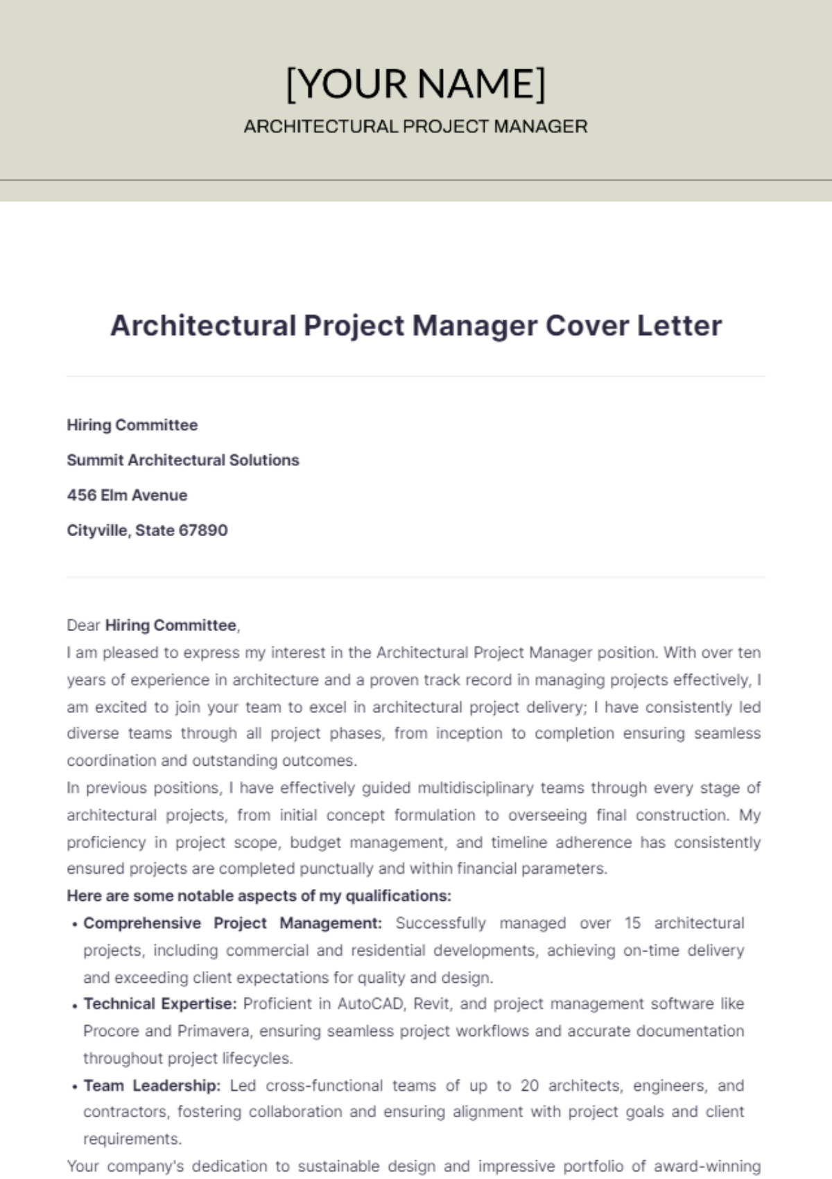 Architectural Project Manager Cover Letter - Edit Online & Download