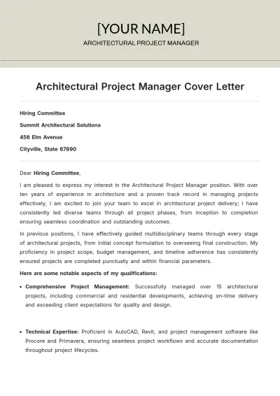 Free Architectural Project Manager Cover Letter to Edit Online
