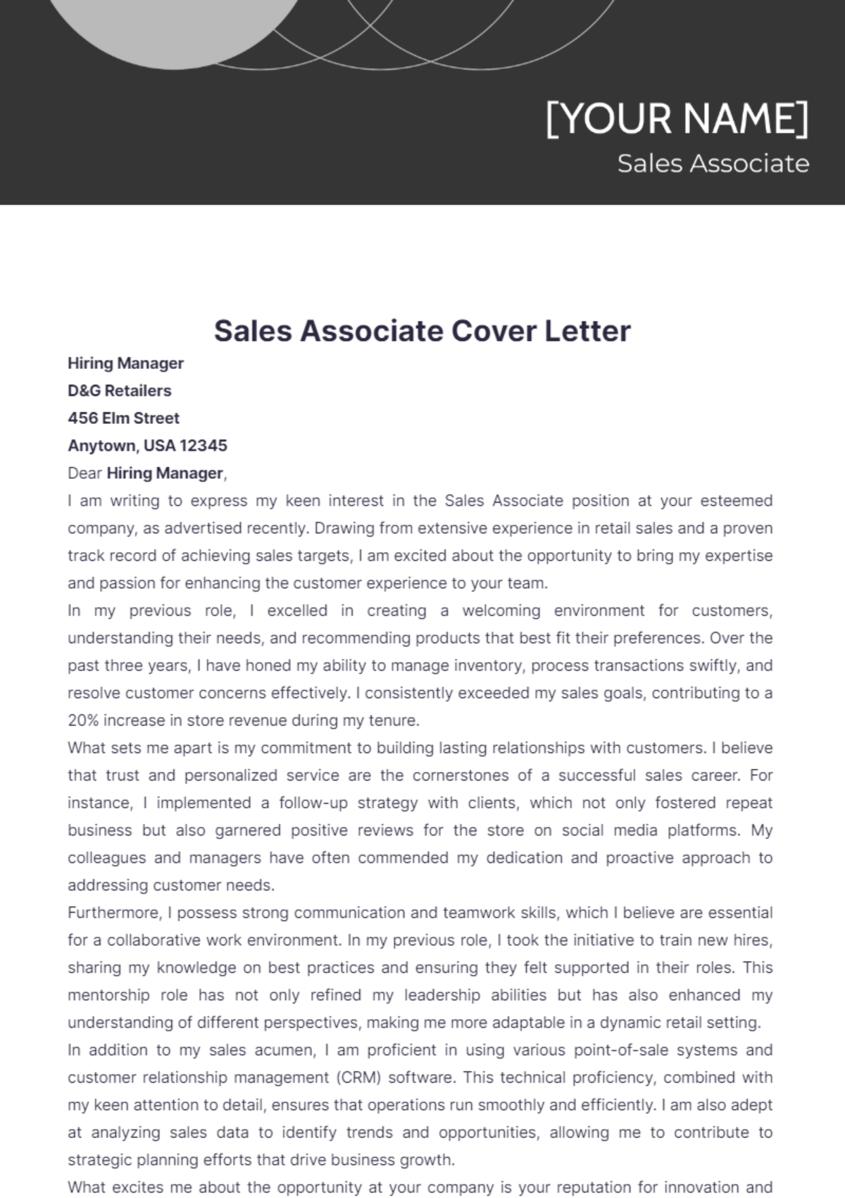 Sales Associate Cover Letter