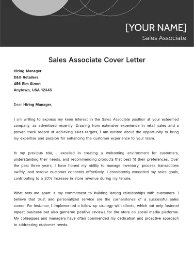 Free Sales Associate Cover Letter to Edit Online