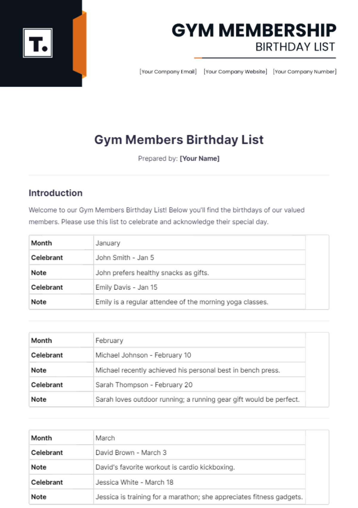 Gym Members Birthday List Template - Edit Online & Download