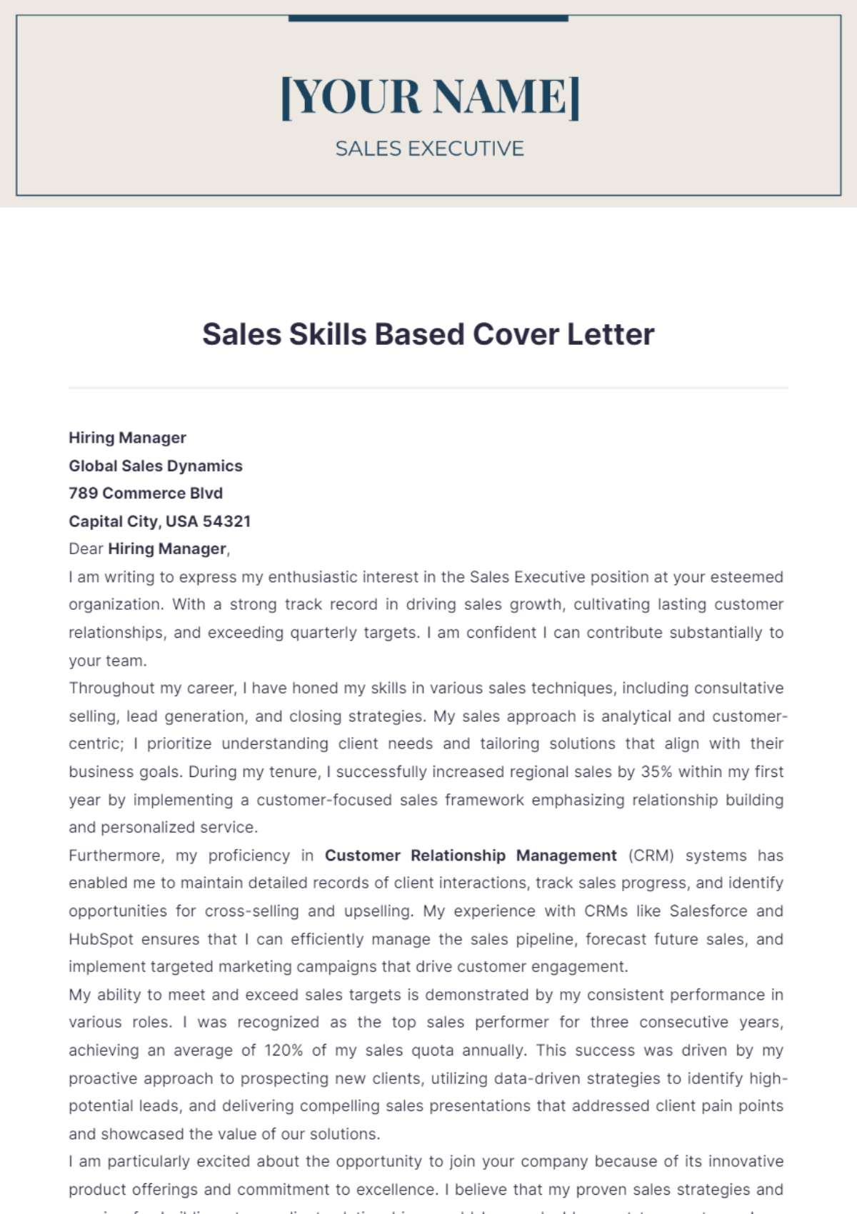 Sales Skills Based Cover Letter