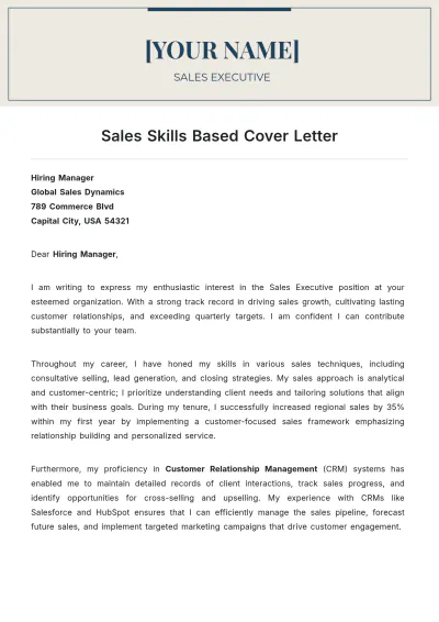 Free Sales Skills Based Cover Letter to Edit Online