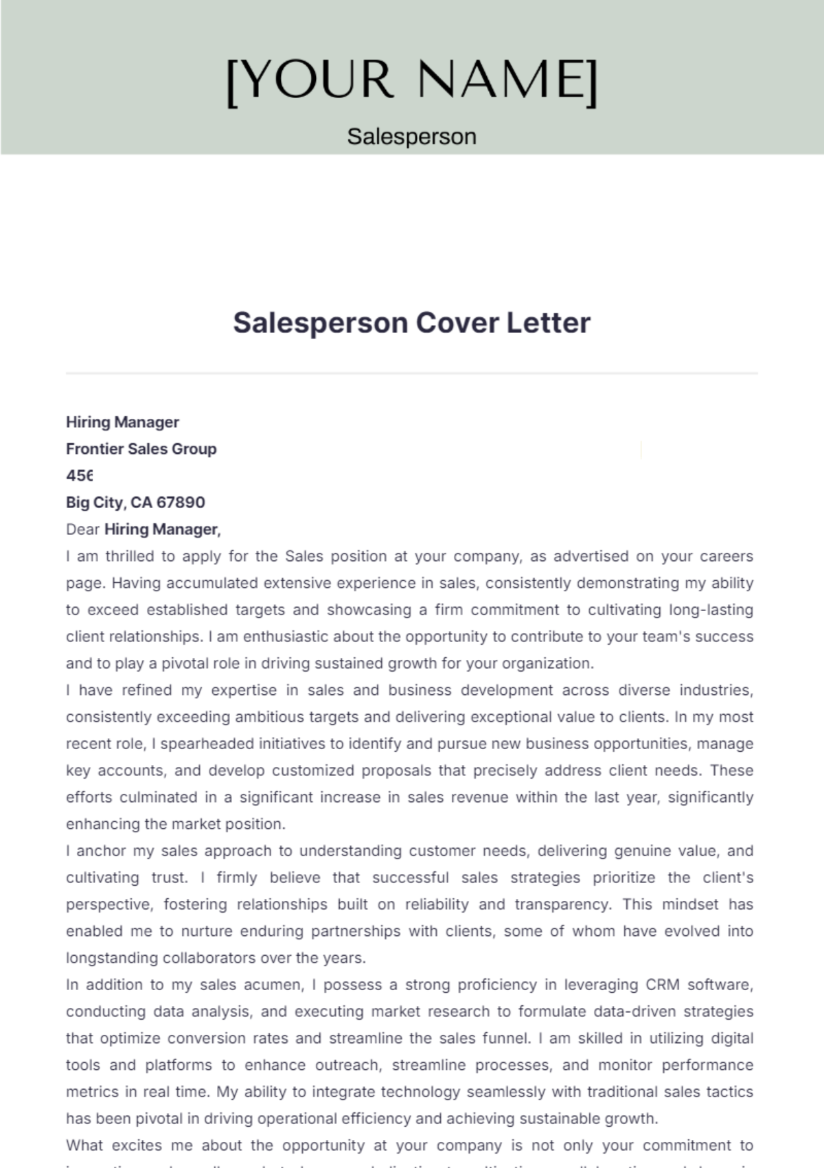 Salesperson Cover Letter