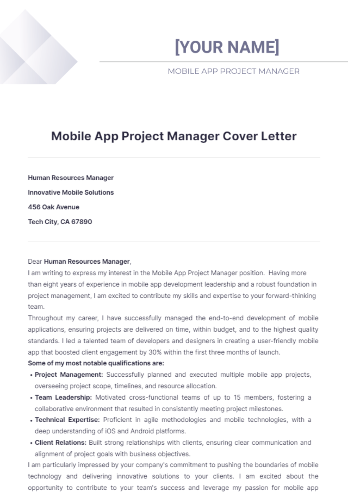 Mobile App Project Manager Cover Letter - Edit Online & Download