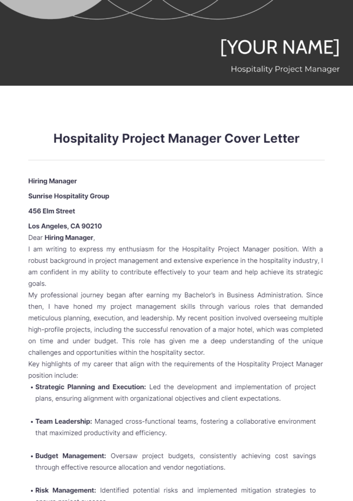 Hospitality Project Manager Cover Letter