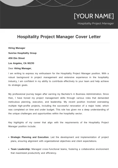 Free Hospitality Project Manager Cover Letter to Edit Online