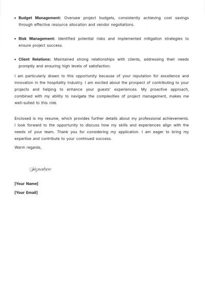 Free Hospitality Project Manager Cover Letter to Edit Online