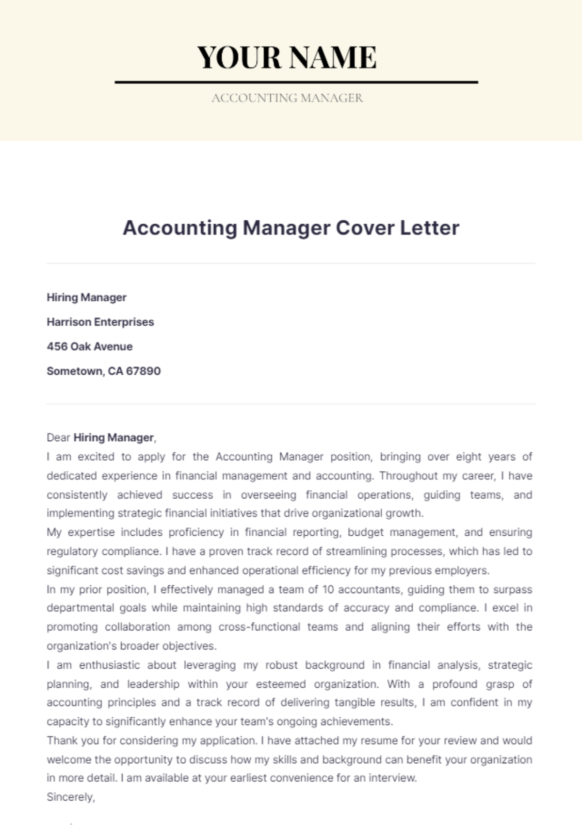 Accounting Manager Cover Letter