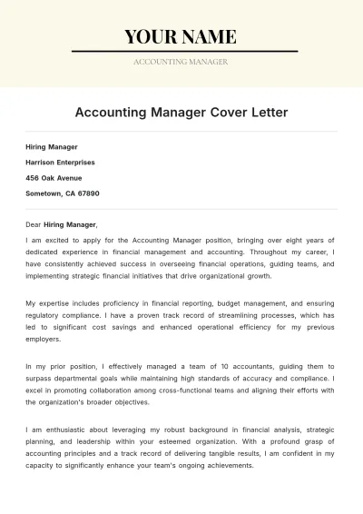 Free Accounting Manager Cover Letter to Edit Online
