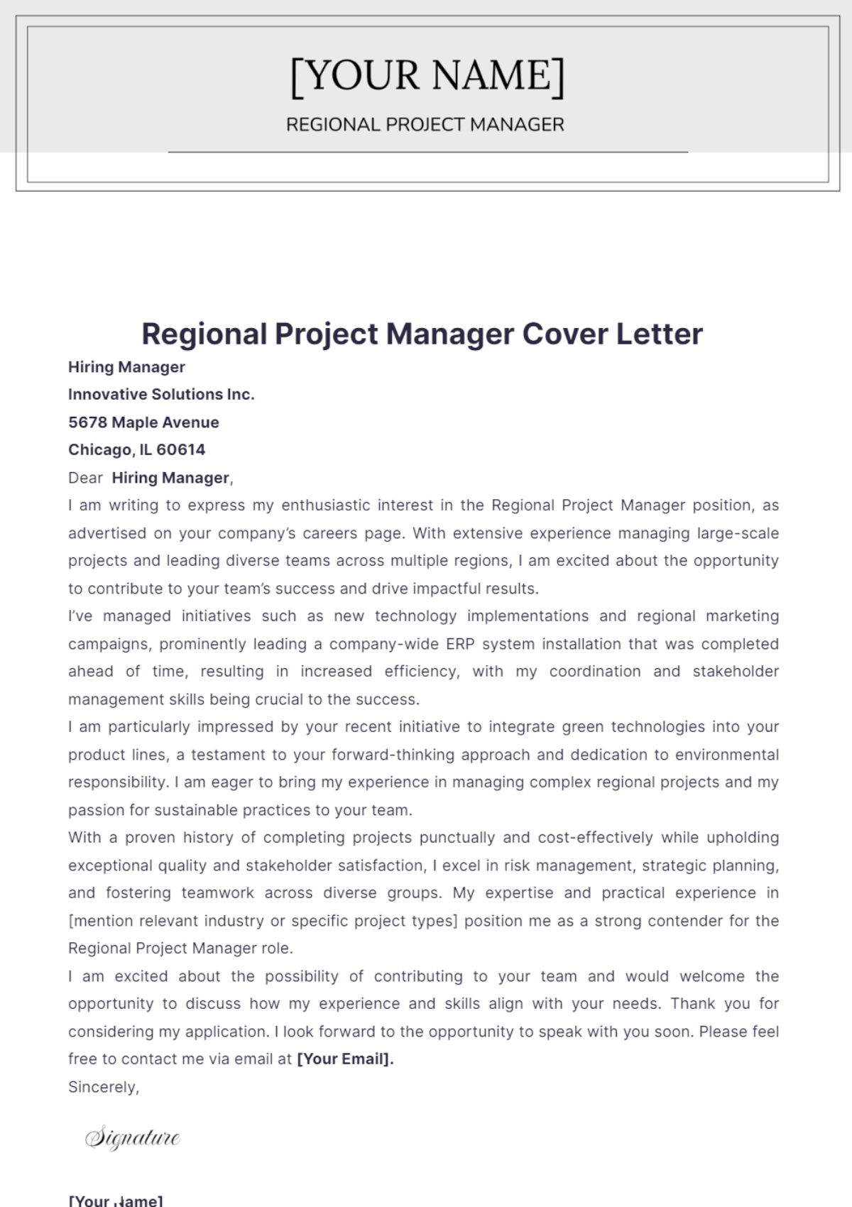 Regional Project Manager Cover Letter