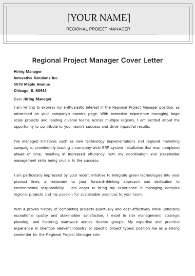 Free Regional Project Manager Cover Letter to Edit Online