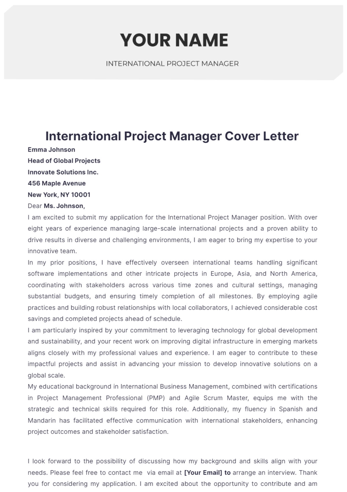 International Project Manager Cover Letter