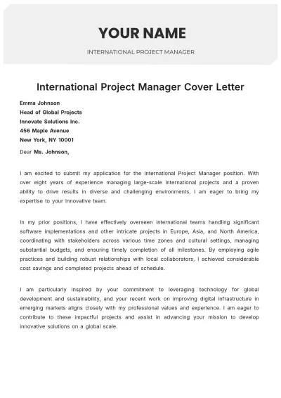 Free International Project Manager Cover Letter to Edit Online