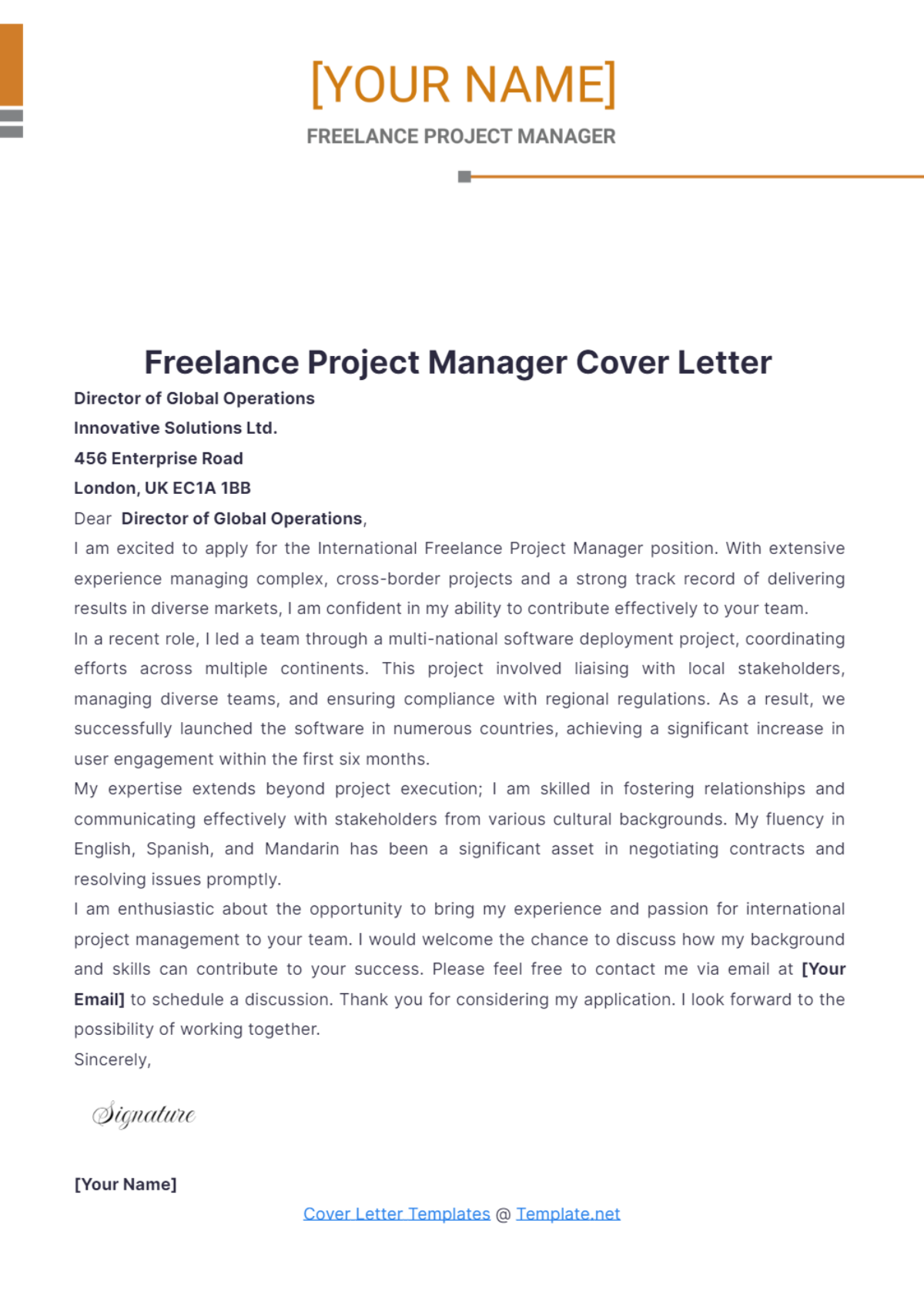 Freelance Project Manager Cover Letter