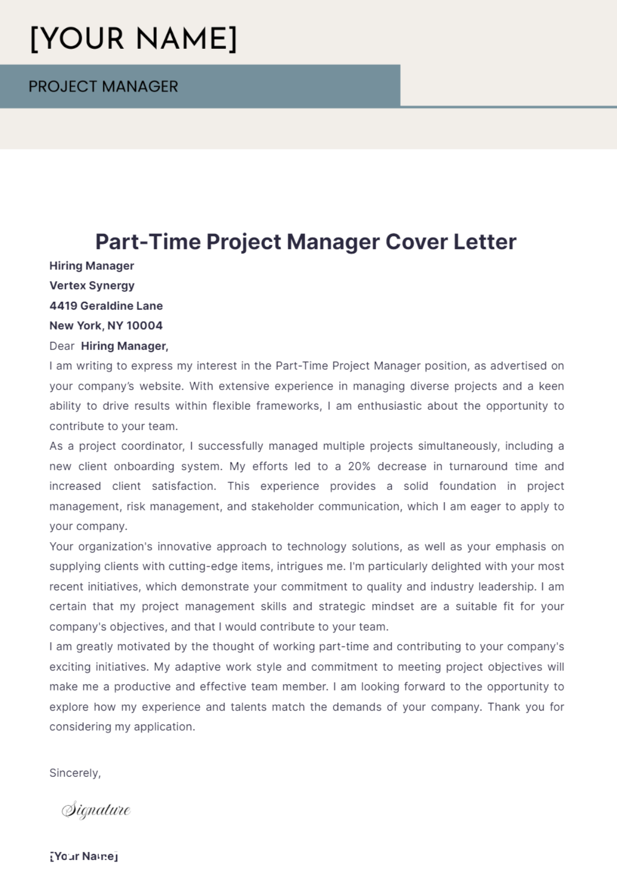 Part-Time Project Manager Cover Letter