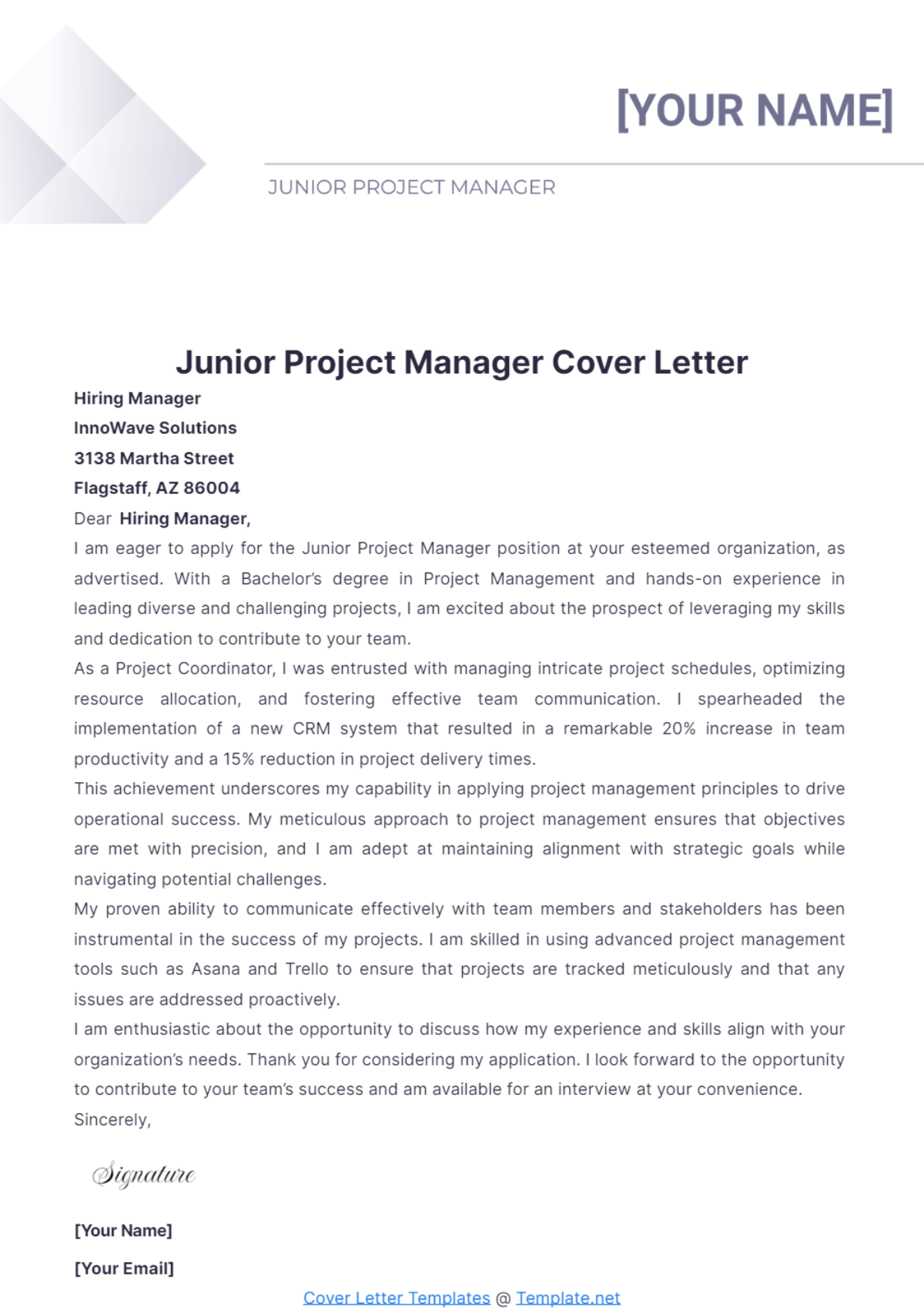 Junior Project Manager Cover Letter