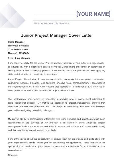 Free Junior Project Manager Cover Letter to Edit Online